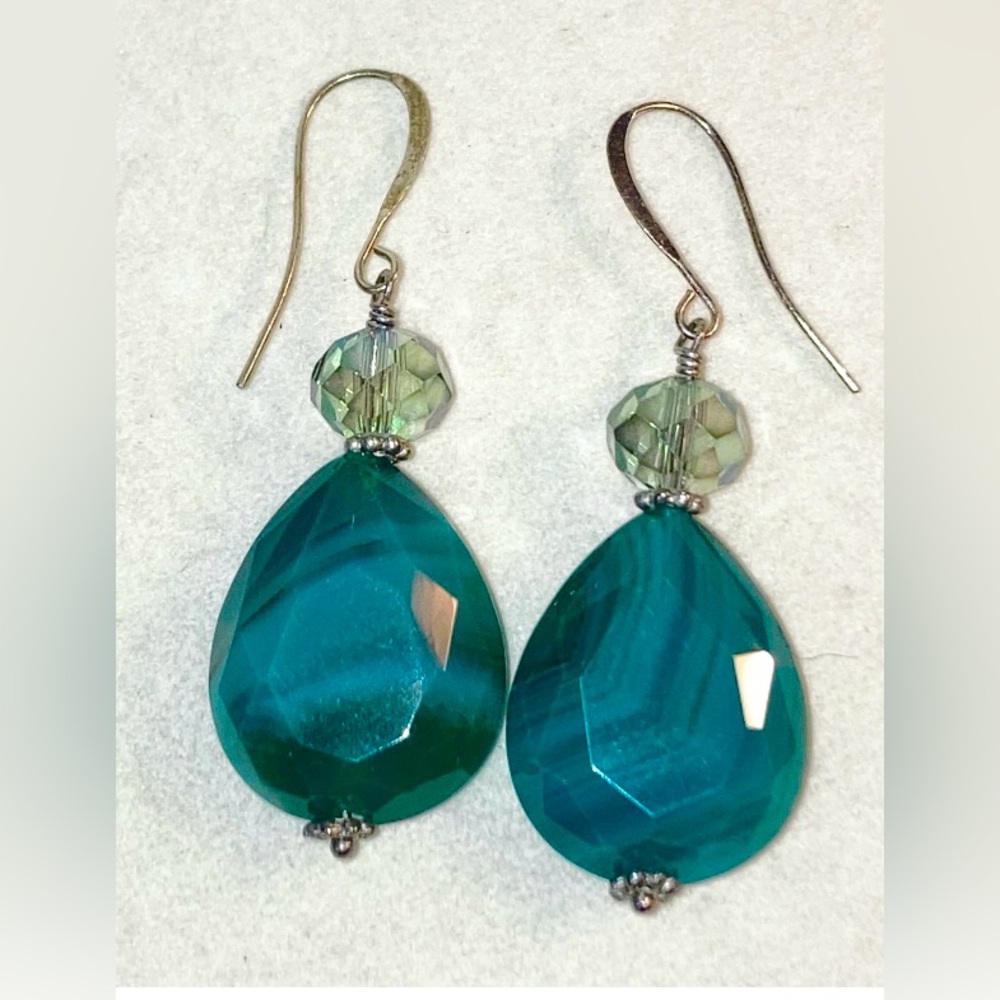 NEW Teal Green Banded Agate Teardrop Drop Earrings Crystal Sterling Silver Vtg